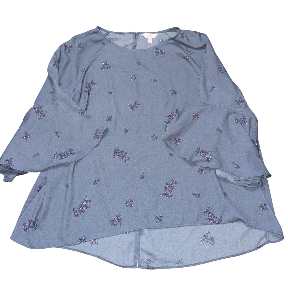 LC Lauren Conrad Blouse 2X Blue Floral Bell Sleeve High Low Split Back Top
